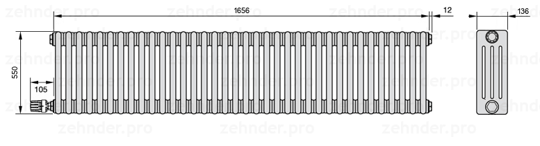 Схема (чертеж) Радиатор Zehnder Charleston 4055/36 №V004 Белый глянцевый RAL 9016